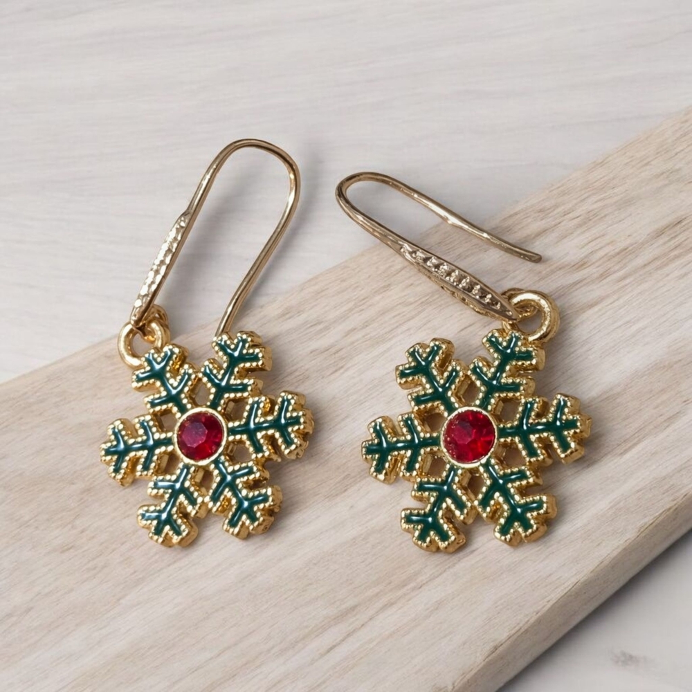 Gold Snowflake Earrings with Red Gem